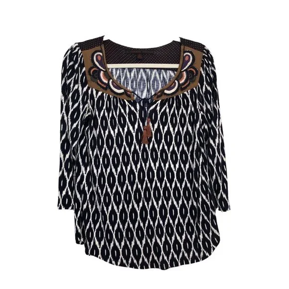 A Common Thread Anthropologie Women's Top Blue Ikat Embroidered Boho Size XS - Picture 4 of 9